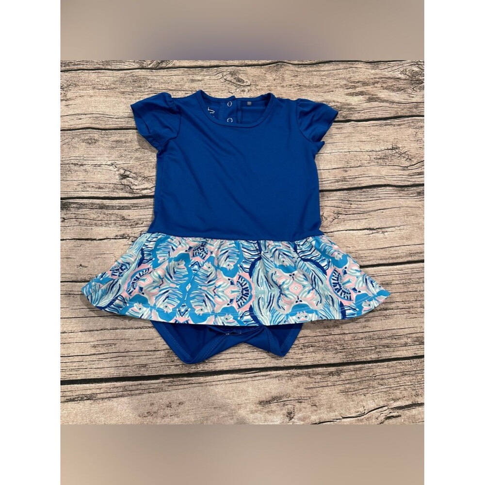 Garb Golf & Tennis Girls Blue Ruffle Onesie with Printed Skirt UPF 50 Size 12-18
